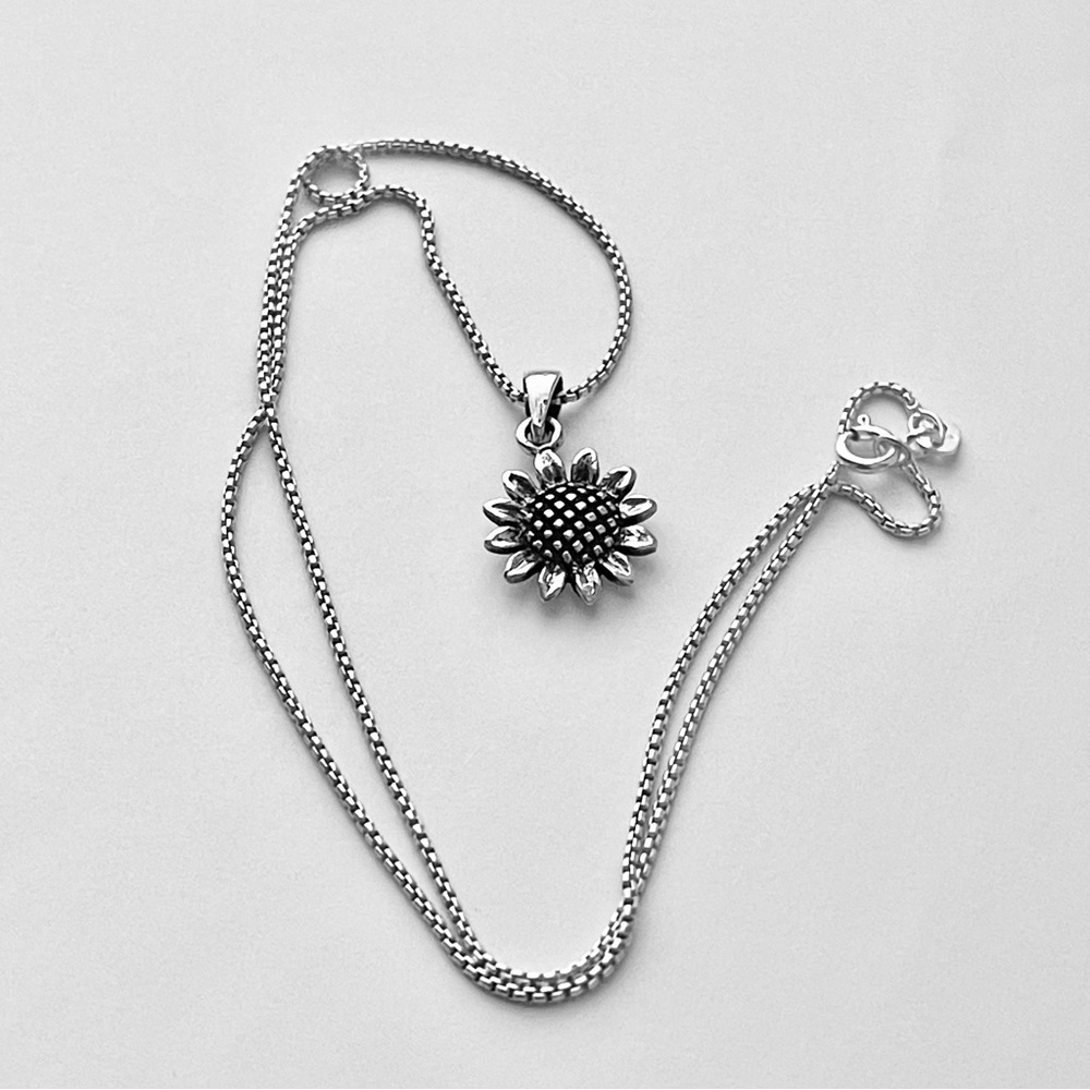 Sterling Silver Dainty Small Sunflower Necklace, Silver Chain, Happy Sun Flower